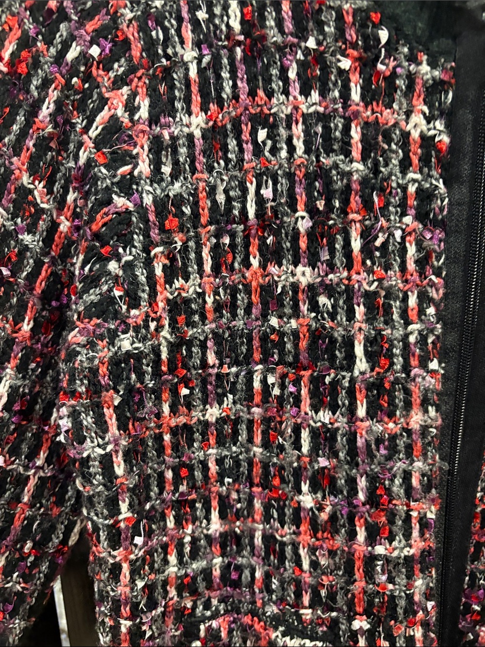 Black Multi-Color Tweed like Zip-Front Sweater - Picture 3 of 7